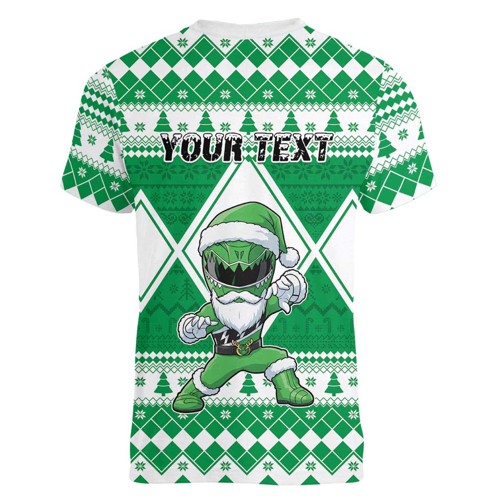 Personalized Power Green Ranger Santa Claus Women V-Neck T-Shirt Funny Christmas - Wonder Print Shop