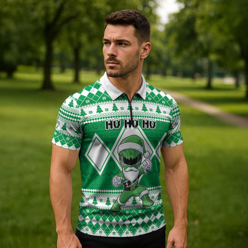 Personalized Power Green Ranger Santa Claus Zipper Polo Shirt Funny Christmas - Wonder Print Shop