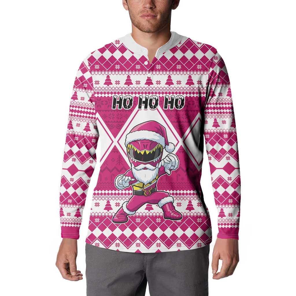 Personalized Power Pink Ranger Santa Claus Button Sweatshirt Funny Christmas - Wonder Print Shop