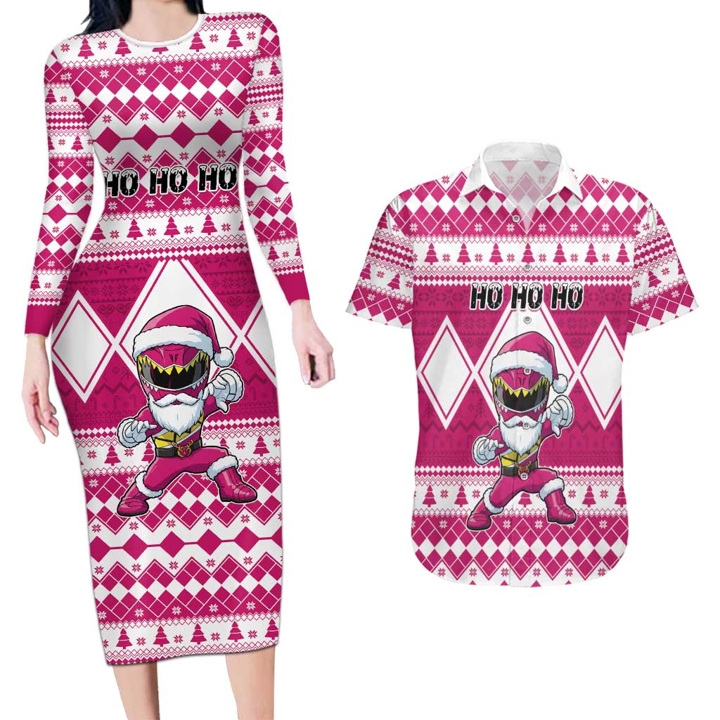Personalized Power Pink Ranger Santa Claus Couples Matching Long Sleeve Bodycon Dress and Hawaiian Shirt Funny Christmas - Wonder Print Shop
