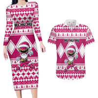 Personalized Power Pink Ranger Santa Claus Couples Matching Long Sleeve Bodycon Dress and Hawaiian Shirt Funny Christmas - Wonder Print Shop