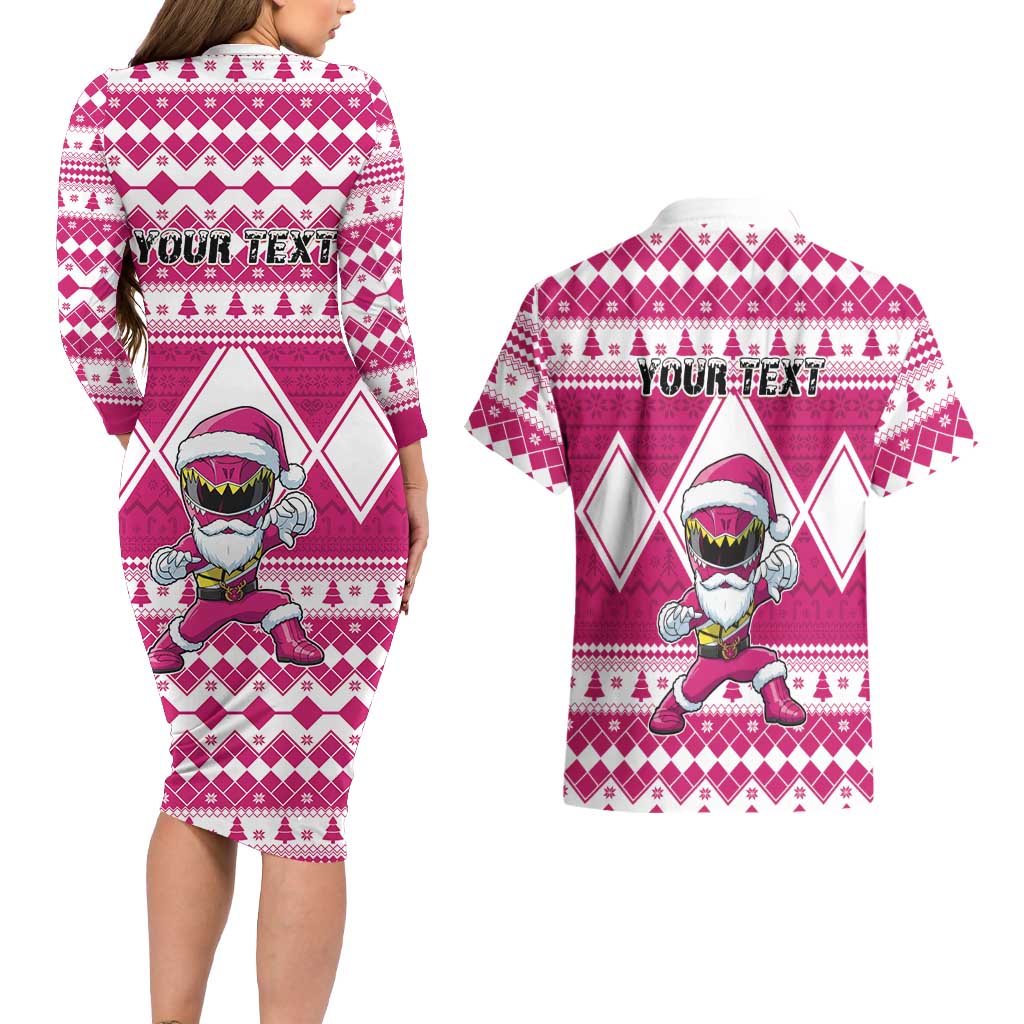 Personalized Power Pink Ranger Santa Claus Couples Matching Long Sleeve Bodycon Dress and Hawaiian Shirt Funny Christmas - Wonder Print Shop