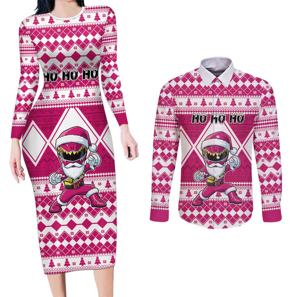 Personalized Power Pink Ranger Santa Claus Couples Matching Long Sleeve Bodycon Dress and Long Sleeve Button Shirt Funny Christmas - Wonder Print Shop