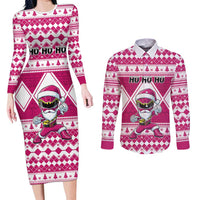 Personalized Power Pink Ranger Santa Claus Couples Matching Long Sleeve Bodycon Dress and Long Sleeve Button Shirt Funny Christmas - Wonder Print Shop