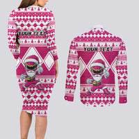 Personalized Power Pink Ranger Santa Claus Couples Matching Long Sleeve Bodycon Dress and Long Sleeve Button Shirt Funny Christmas - Wonder Print Shop