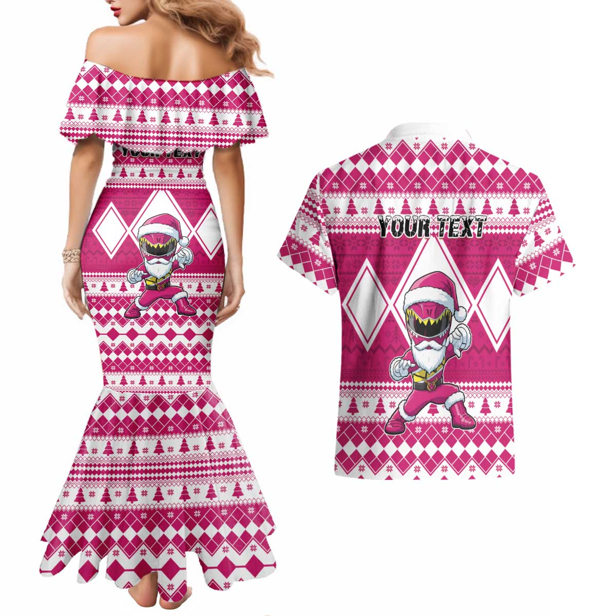 Personalized Power Pink Ranger Santa Claus Couples Matching Mermaid Dress and Hawaiian Shirt Funny Christmas - Wonder Print Shop