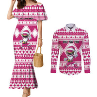 Personalized Power Pink Ranger Santa Claus Couples Matching Mermaid Dress and Long Sleeve Button Shirt Funny Christmas - Wonder Print Shop