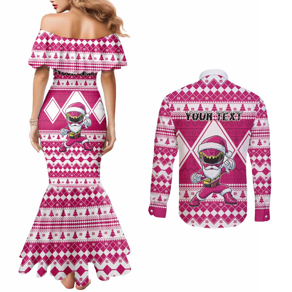 Personalized Power Pink Ranger Santa Claus Couples Matching Mermaid Dress and Long Sleeve Button Shirt Funny Christmas - Wonder Print Shop
