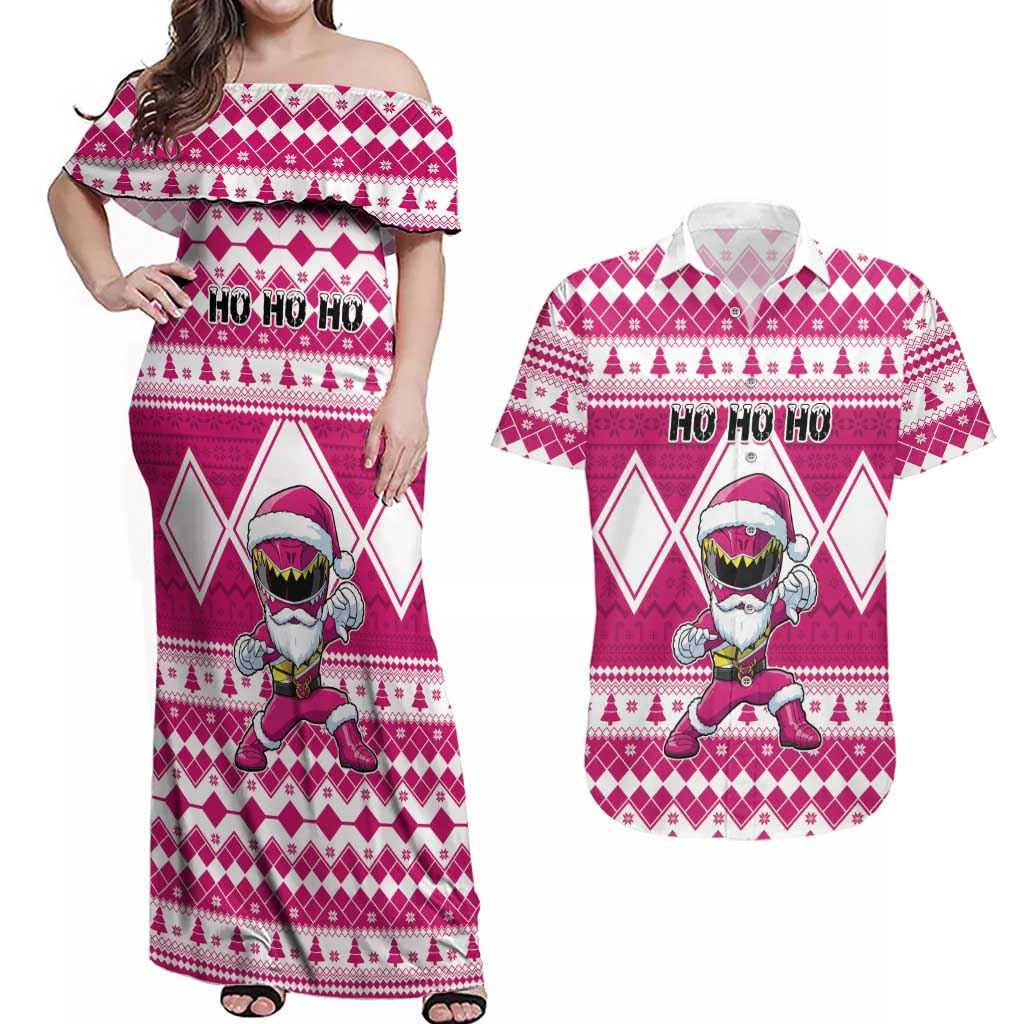 Personalized Power Pink Ranger Santa Claus Couples Matching Off Shoulder Maxi Dress and Hawaiian Shirt Funny Christmas - Wonder Print Shop