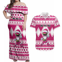 Personalized Power Pink Ranger Santa Claus Couples Matching Off Shoulder Maxi Dress and Hawaiian Shirt Funny Christmas - Wonder Print Shop