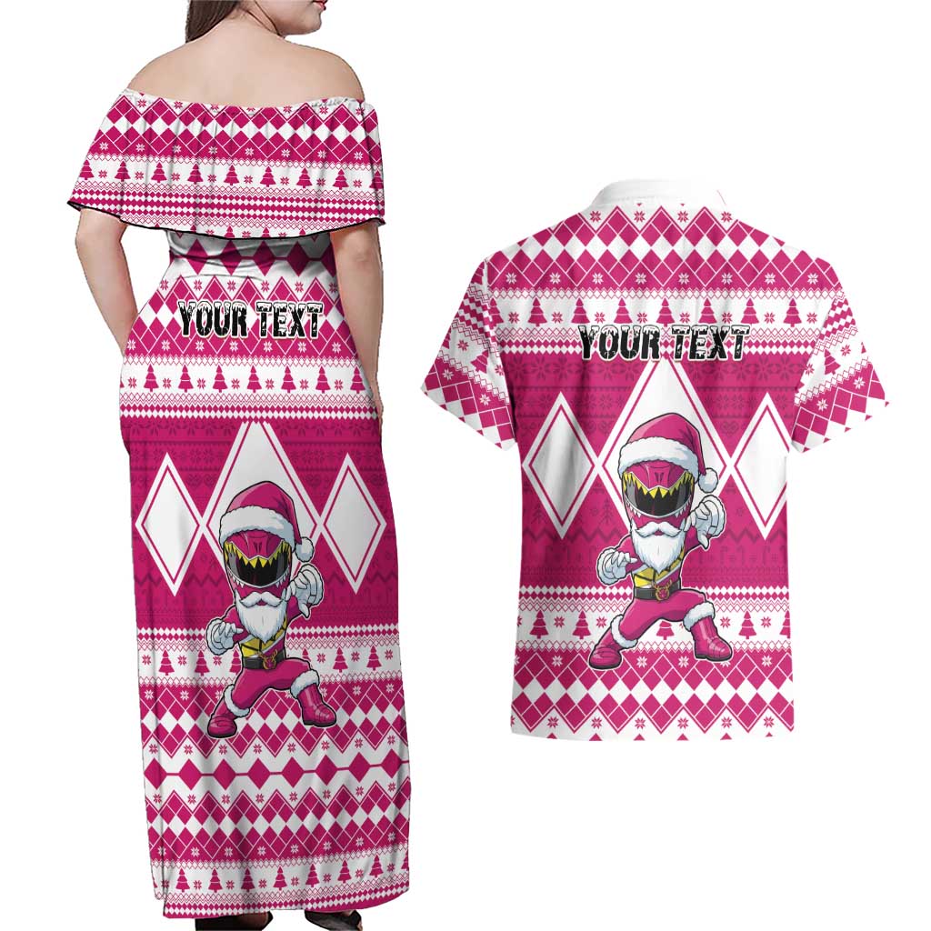 Personalized Power Pink Ranger Santa Claus Couples Matching Off Shoulder Maxi Dress and Hawaiian Shirt Funny Christmas - Wonder Print Shop