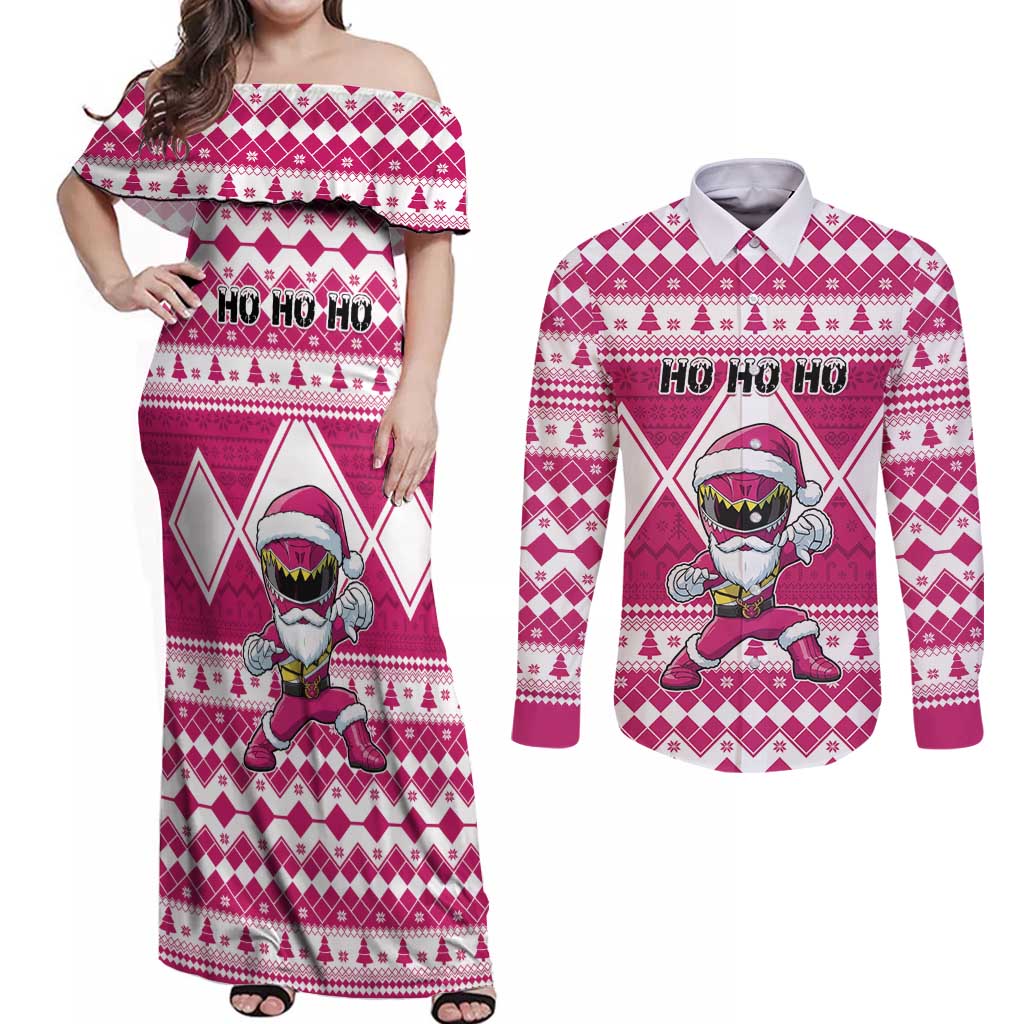 Personalized Power Pink Ranger Santa Claus Couples Matching Off Shoulder Maxi Dress and Long Sleeve Button Shirt Funny Christmas - Wonder Print Shop