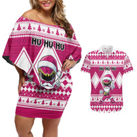 Personalized Power Pink Ranger Santa Claus Couples Matching Off Shoulder Short Dress and Hawaiian Shirt Funny Christmas - Wonder Print Shop