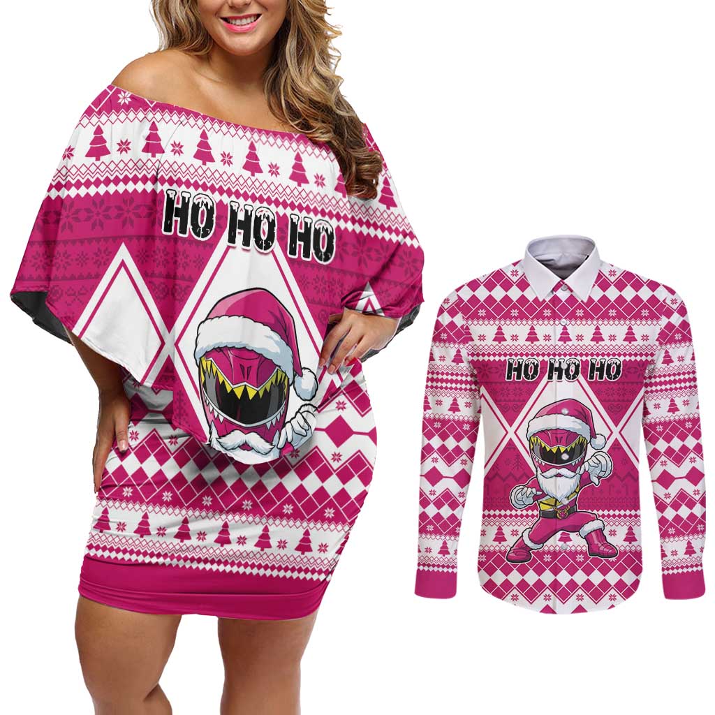 Personalized Power Pink Ranger Santa Claus Couples Matching Off Shoulder Short Dress and Long Sleeve Button Shirt Funny Christmas - Wonder Print Shop