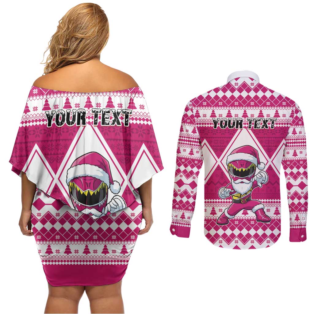 Personalized Power Pink Ranger Santa Claus Couples Matching Off Shoulder Short Dress and Long Sleeve Button Shirt Funny Christmas - Wonder Print Shop