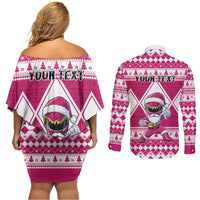 Personalized Power Pink Ranger Santa Claus Couples Matching Off Shoulder Short Dress and Long Sleeve Button Shirt Funny Christmas - Wonder Print Shop