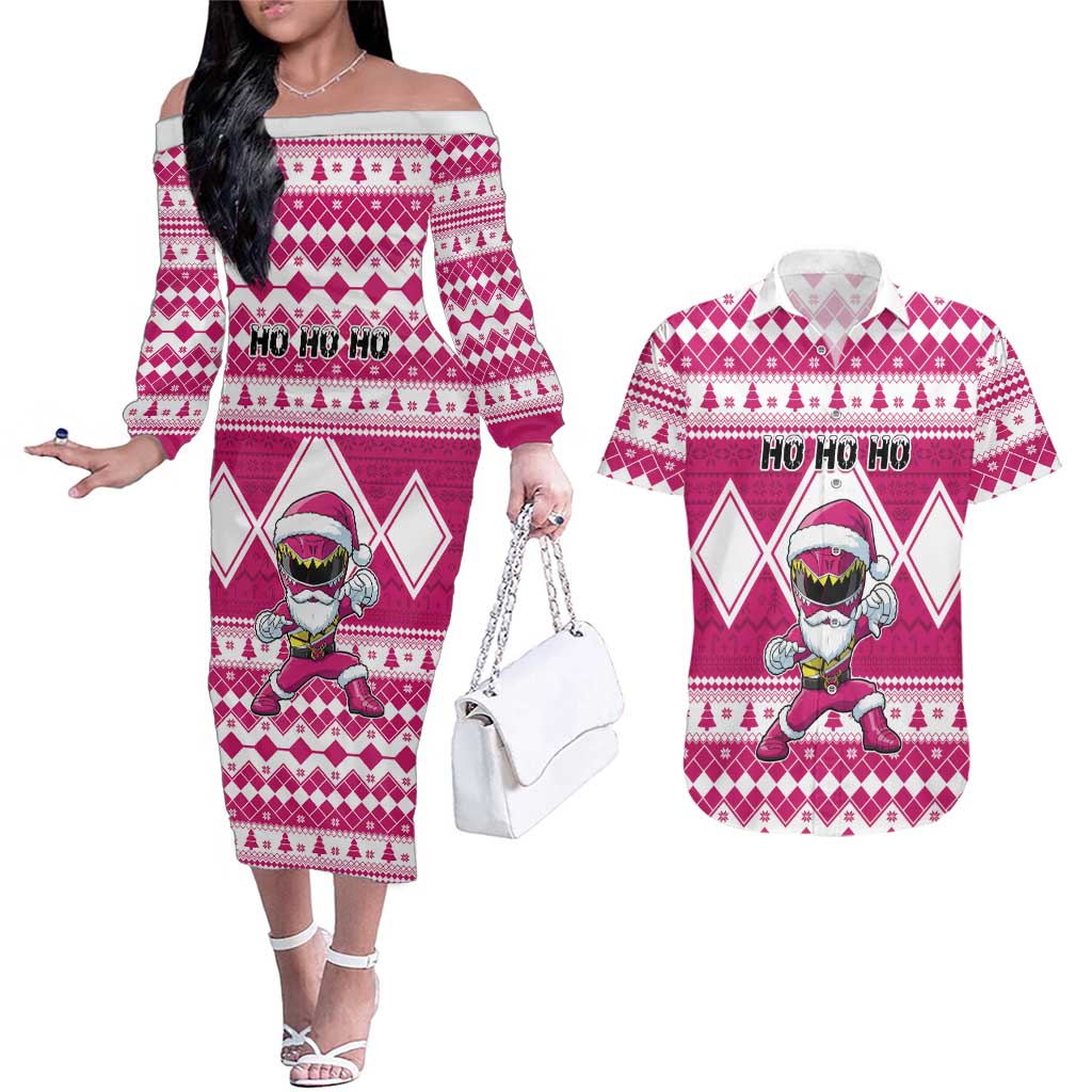 Personalized Power Pink Ranger Santa Claus Couples Matching Off The Shoulder Long Sleeve Dress and Hawaiian Shirt Funny Christmas - Wonder Print Shop