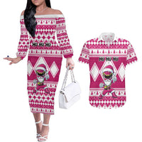 Personalized Power Pink Ranger Santa Claus Couples Matching Off The Shoulder Long Sleeve Dress and Hawaiian Shirt Funny Christmas - Wonder Print Shop