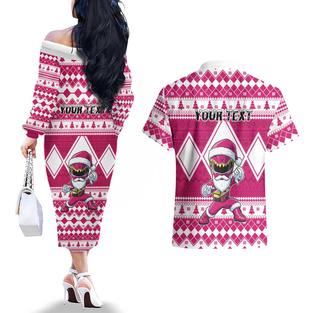 Personalized Power Pink Ranger Santa Claus Couples Matching Off The Shoulder Long Sleeve Dress and Hawaiian Shirt Funny Christmas - Wonder Print Shop