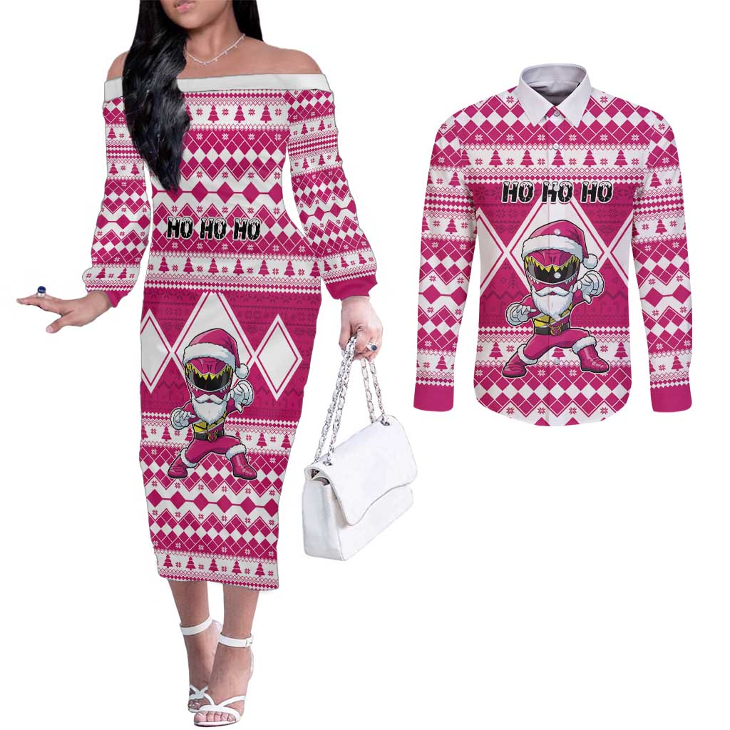 Personalized Power Pink Ranger Santa Claus Couples Matching Off The Shoulder Long Sleeve Dress and Long Sleeve Button Shirt Funny Christmas - Wonder Print Shop
