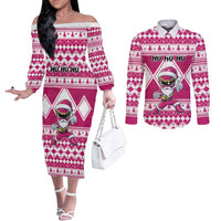 Personalized Power Pink Ranger Santa Claus Couples Matching Off The Shoulder Long Sleeve Dress and Long Sleeve Button Shirt Funny Christmas - Wonder Print Shop