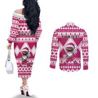 Personalized Power Pink Ranger Santa Claus Couples Matching Off The Shoulder Long Sleeve Dress and Long Sleeve Button Shirt Funny Christmas - Wonder Print Shop