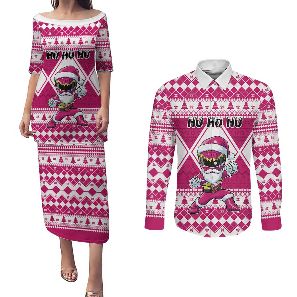 Personalized Power Pink Ranger Santa Claus Couples Matching Puletasi and Long Sleeve Button Shirt Funny Christmas - Wonder Print Shop