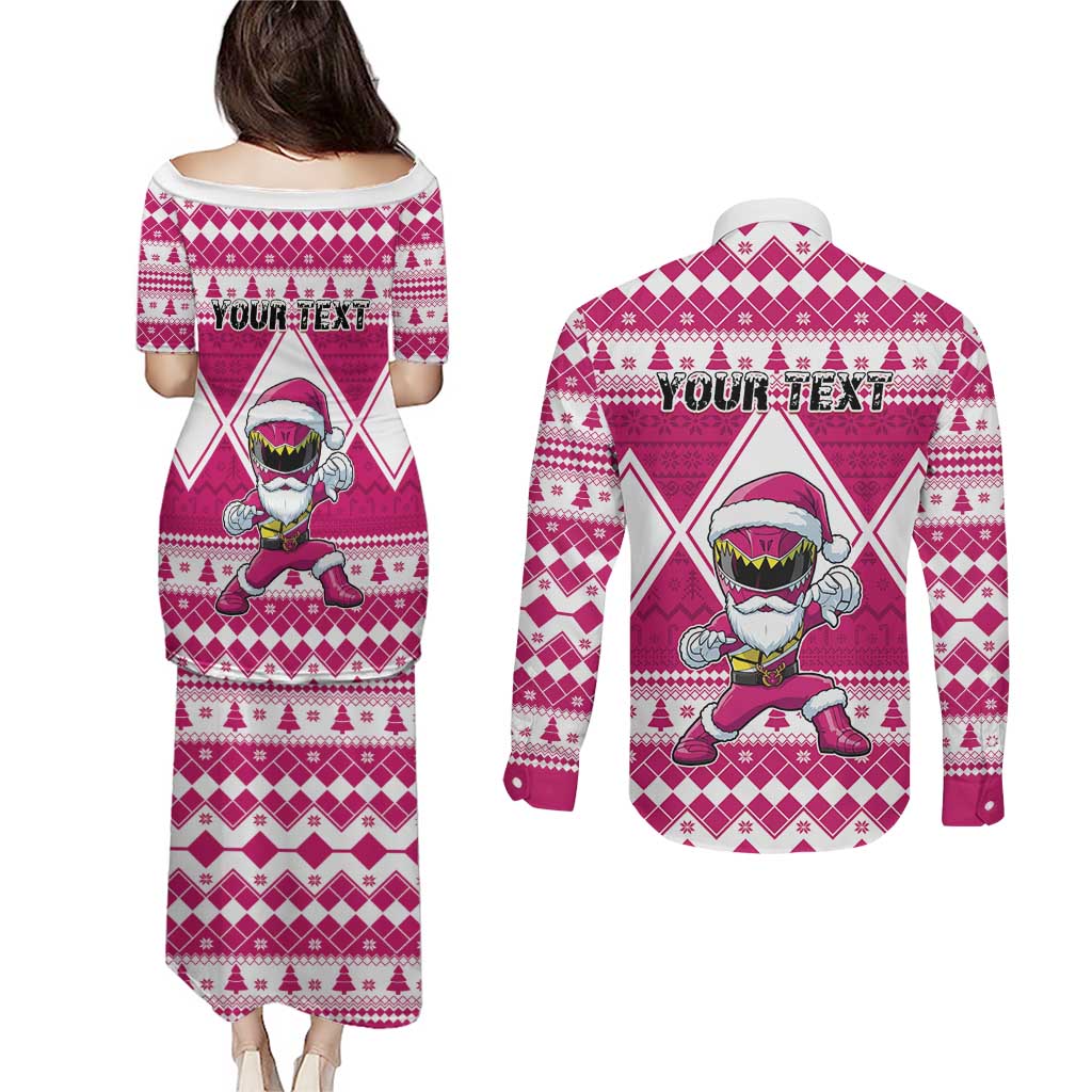 Personalized Power Pink Ranger Santa Claus Couples Matching Puletasi and Long Sleeve Button Shirt Funny Christmas - Wonder Print Shop