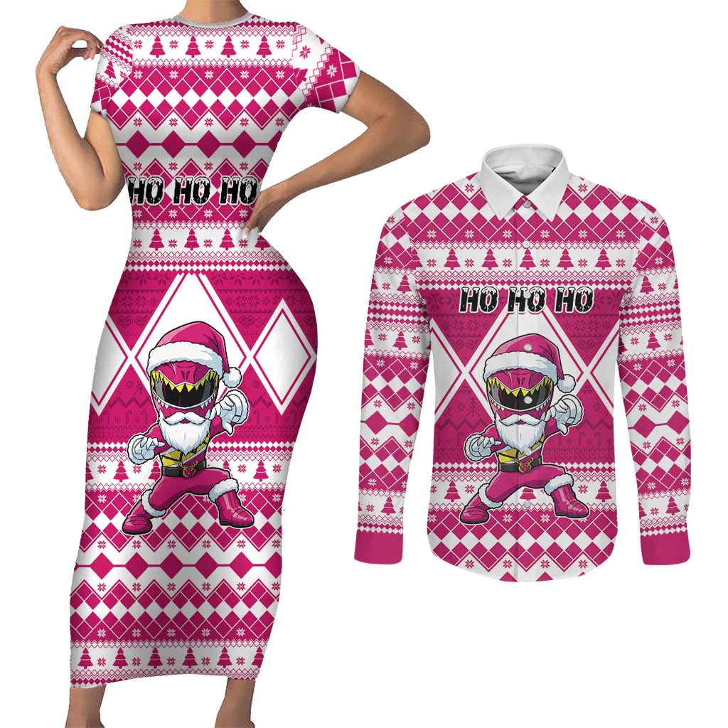 Personalized Power Pink Ranger Santa Claus Couples Matching Short Sleeve Bodycon Dress and Long Sleeve Button Shirt Funny Christmas - Wonder Print Shop