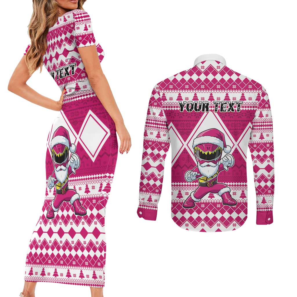 Personalized Power Pink Ranger Santa Claus Couples Matching Short Sleeve Bodycon Dress and Long Sleeve Button Shirt Funny Christmas - Wonder Print Shop