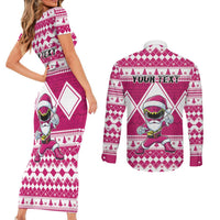 Personalized Power Pink Ranger Santa Claus Couples Matching Short Sleeve Bodycon Dress and Long Sleeve Button Shirt Funny Christmas - Wonder Print Shop
