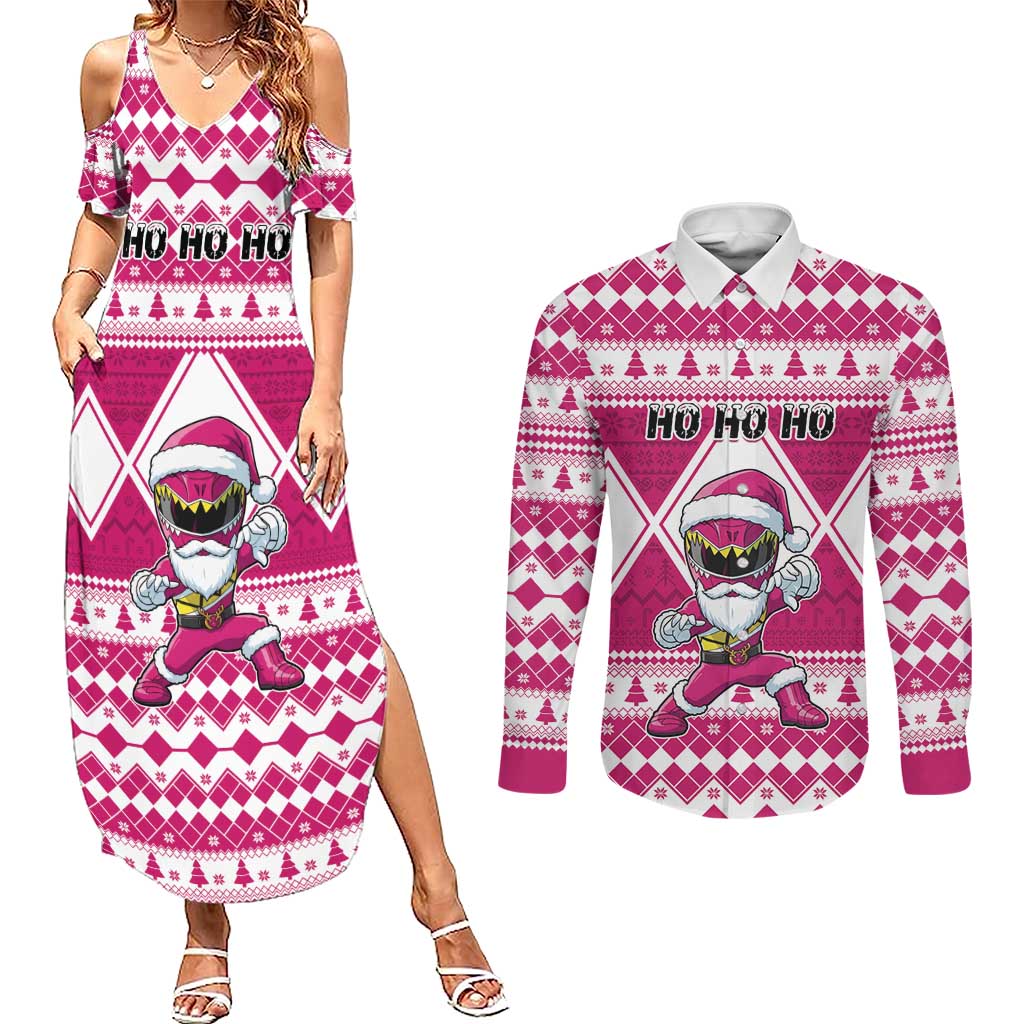 Personalized Power Pink Ranger Santa Claus Couples Matching Summer Maxi Dress and Long Sleeve Button Shirt Funny Christmas - Wonder Print Shop