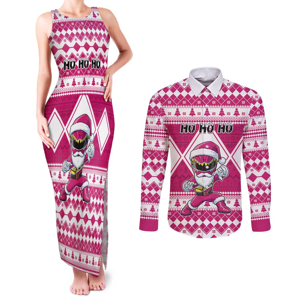 Personalized Power Pink Ranger Santa Claus Couples Matching Tank Maxi Dress and Long Sleeve Button Shirt Funny Christmas - Wonder Print Shop