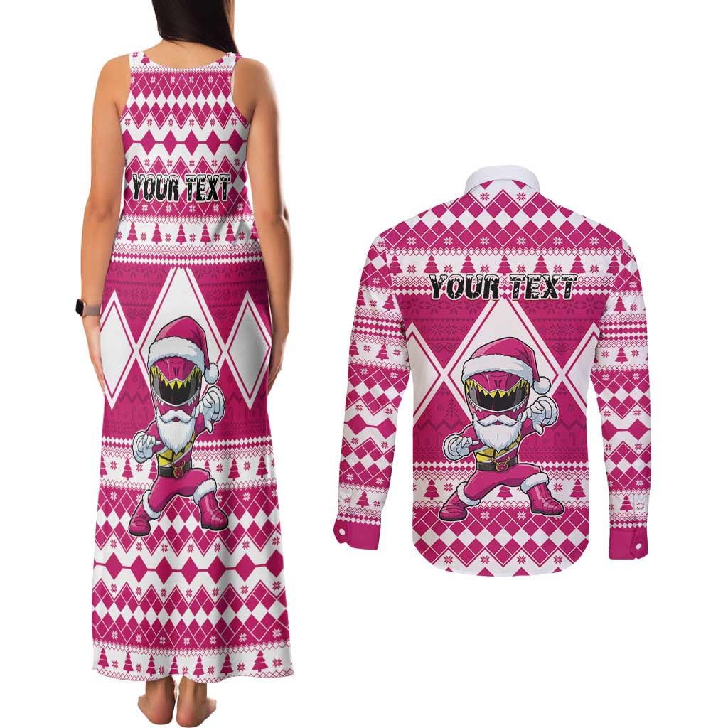 Personalized Power Pink Ranger Santa Claus Couples Matching Tank Maxi Dress and Long Sleeve Button Shirt Funny Christmas - Wonder Print Shop