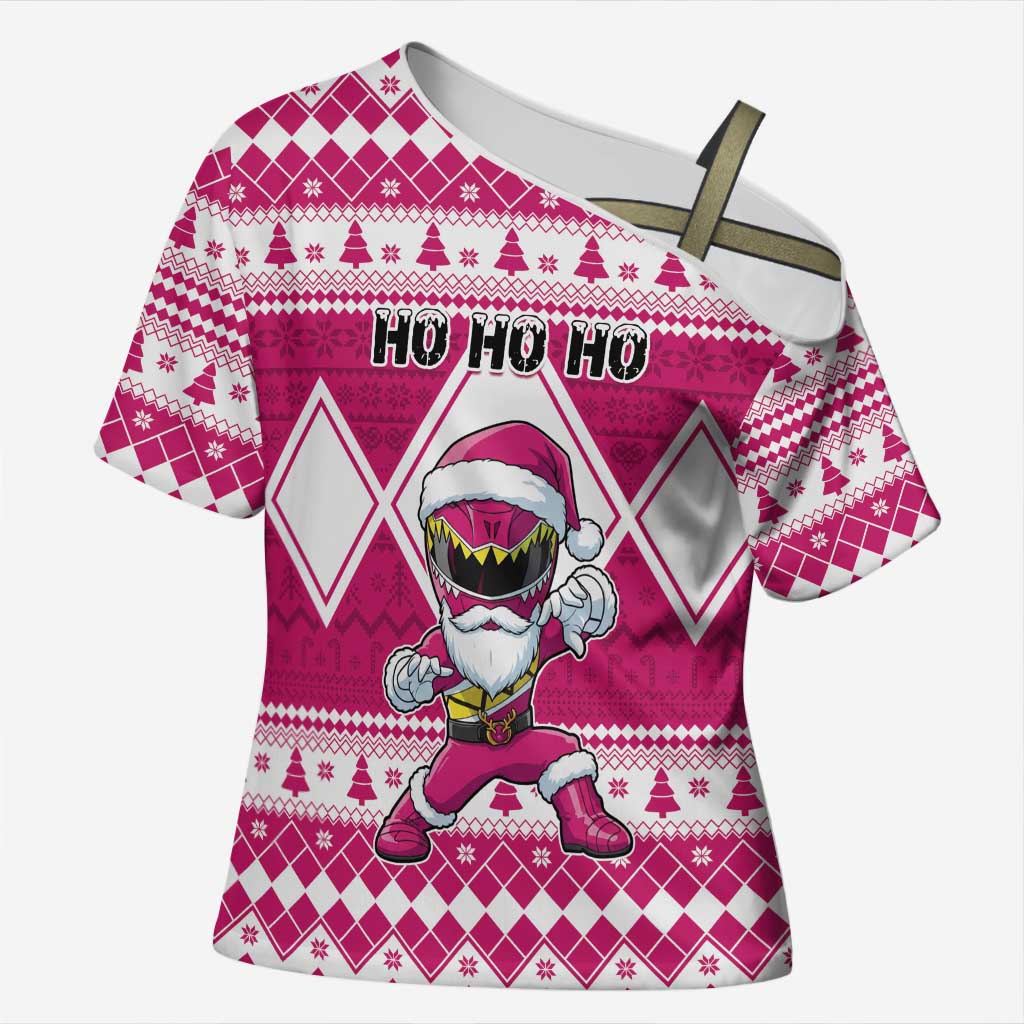 Personalized Power Pink Ranger Santa Claus Cross Shoulder Shirt Funny Christmas - Wonder Print Shop
