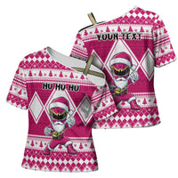 Personalized Power Pink Ranger Santa Claus Cross Shoulder Shirt Funny Christmas - Wonder Print Shop
