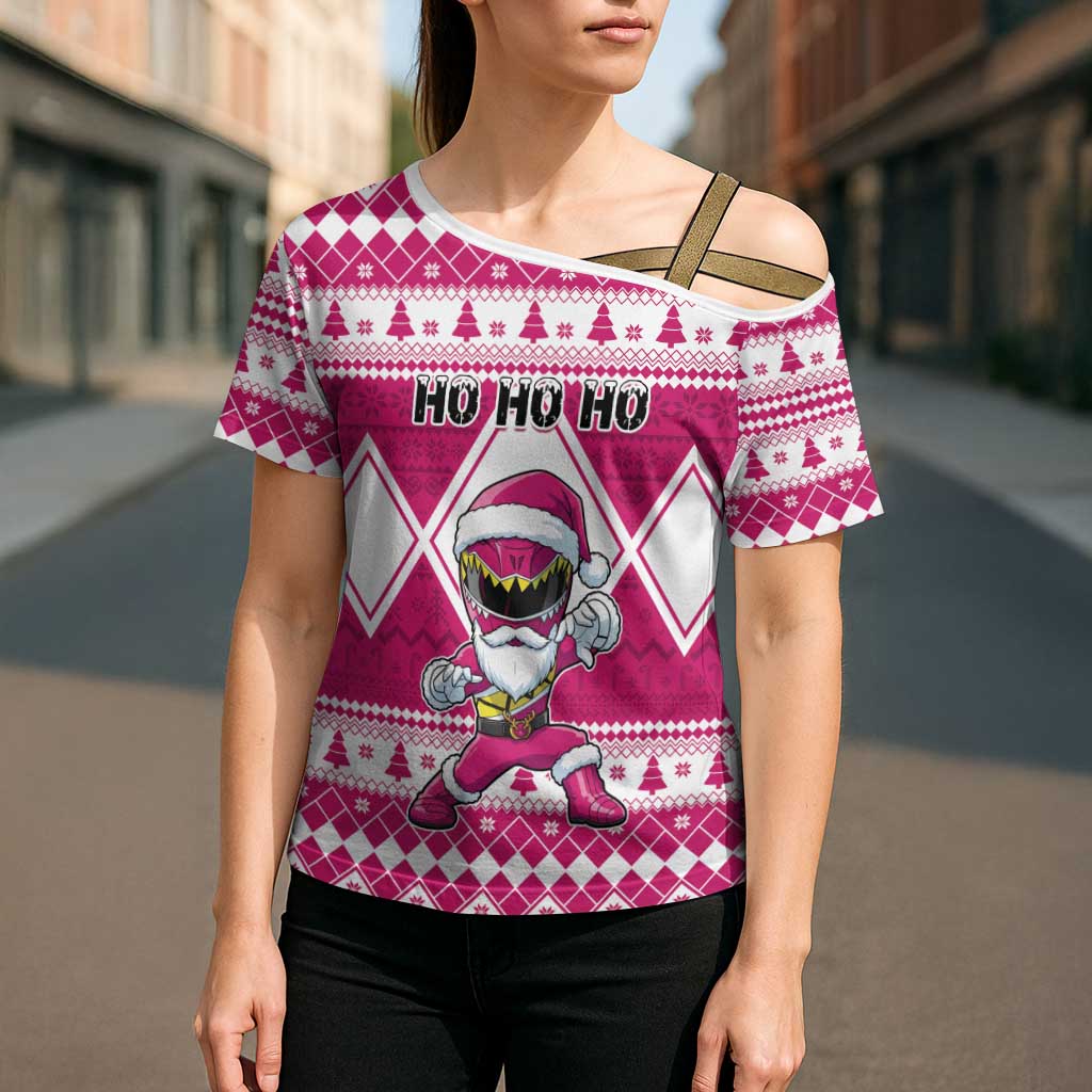 Personalized Power Pink Ranger Santa Claus Cross Shoulder Shirt Funny Christmas - Wonder Print Shop
