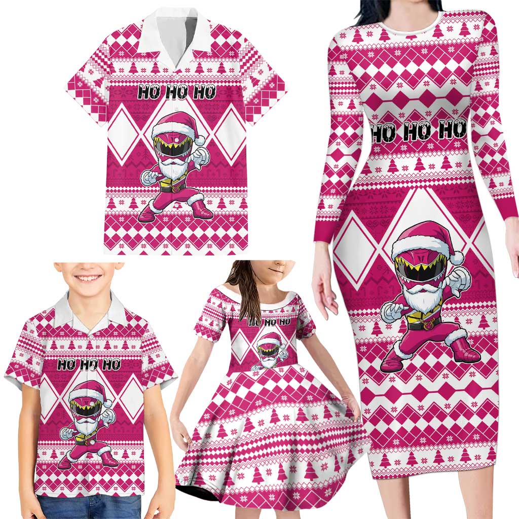 Personalized Power Pink Ranger Santa Claus Family Matching Long Sleeve Bodycon Dress and Hawaiian Shirt Funny Christmas - Wonder Print Shop