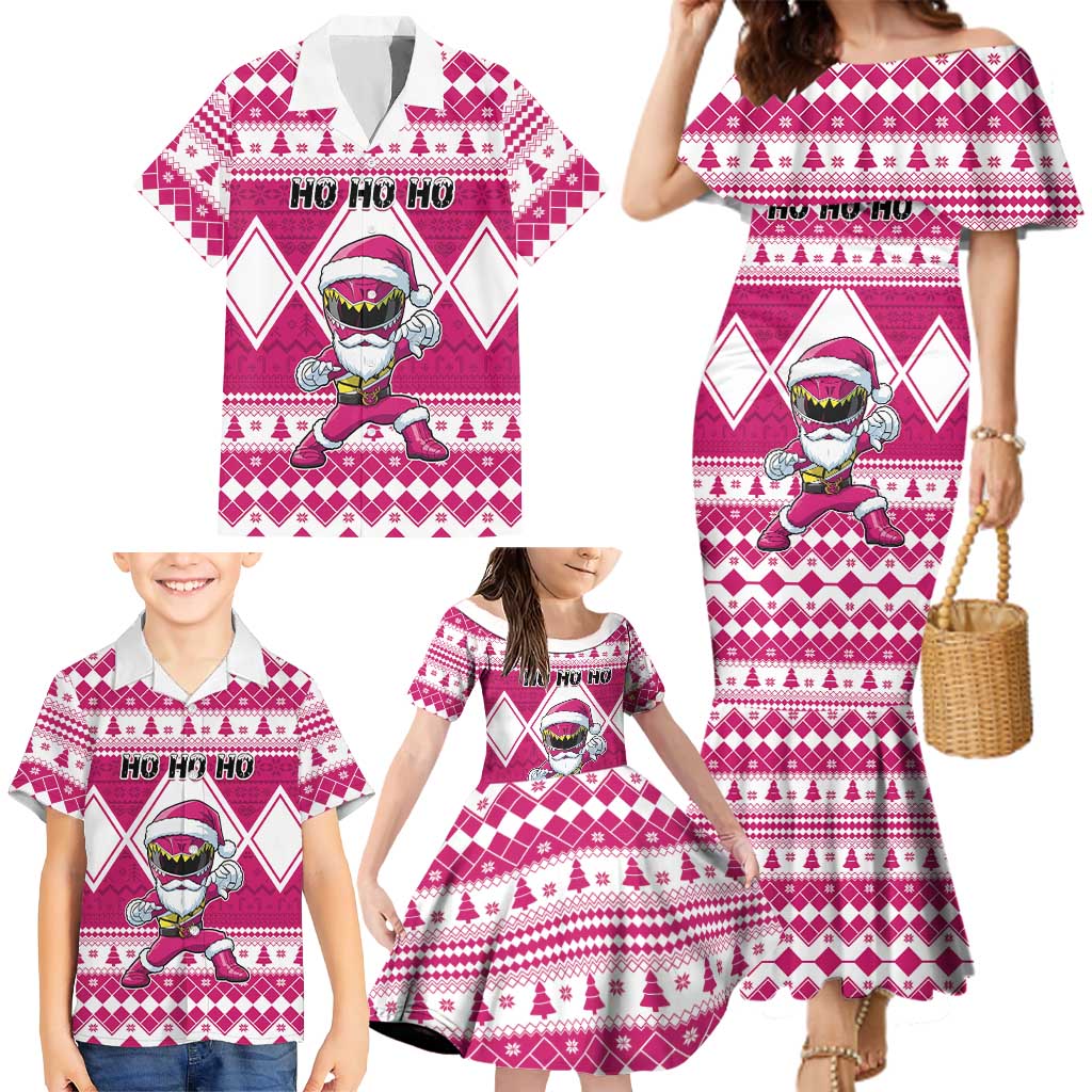 Personalized Power Pink Ranger Santa Claus Family Matching Mermaid Dress and Hawaiian Shirt Funny Christmas - Wonder Print Shop