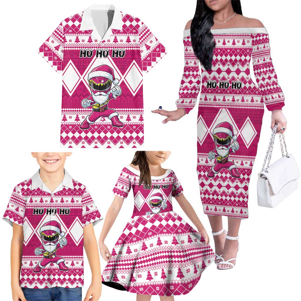 Personalized Power Pink Ranger Santa Claus Family Matching Off The Shoulder Long Sleeve Dress and Hawaiian Shirt Funny Christmas - Wonder Print Shop