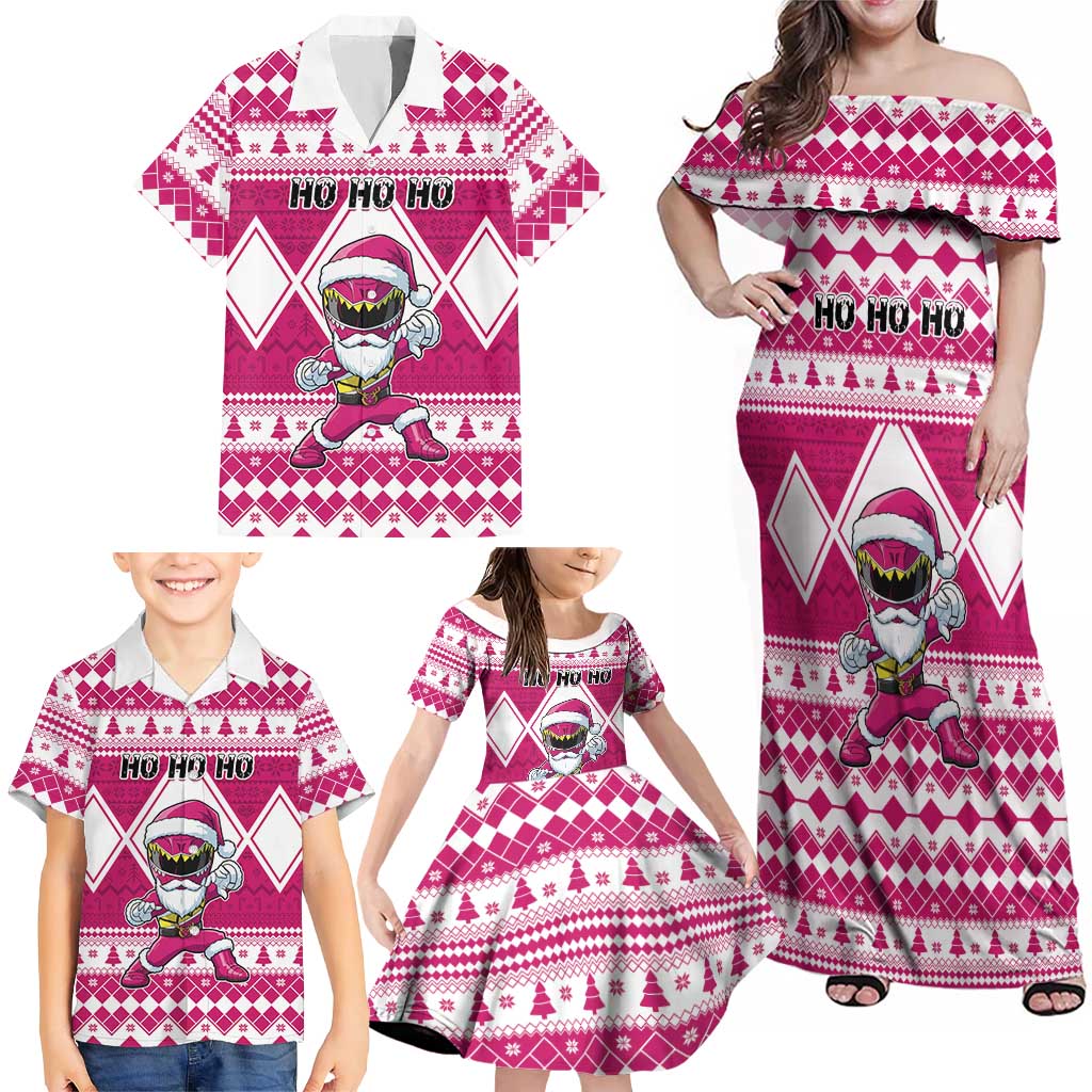 Personalized Power Pink Ranger Santa Claus Family Matching Off Shoulder Maxi Dress and Hawaiian Shirt Funny Christmas - Wonder Print Shop