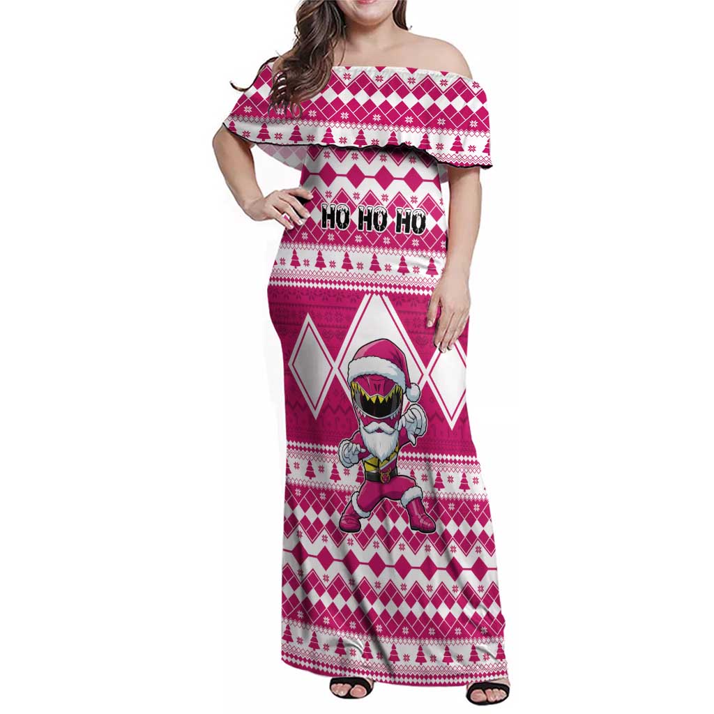 Personalized Power Pink Ranger Santa Claus Family Matching Off Shoulder Maxi Dress and Hawaiian Shirt Funny Christmas - Wonder Print Shop