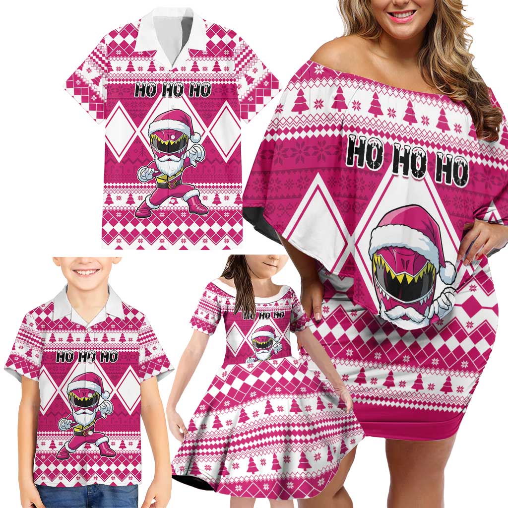 Personalized Power Pink Ranger Santa Claus Family Matching Off Shoulder Short Dress and Hawaiian Shirt Funny Christmas - Wonder Print Shop