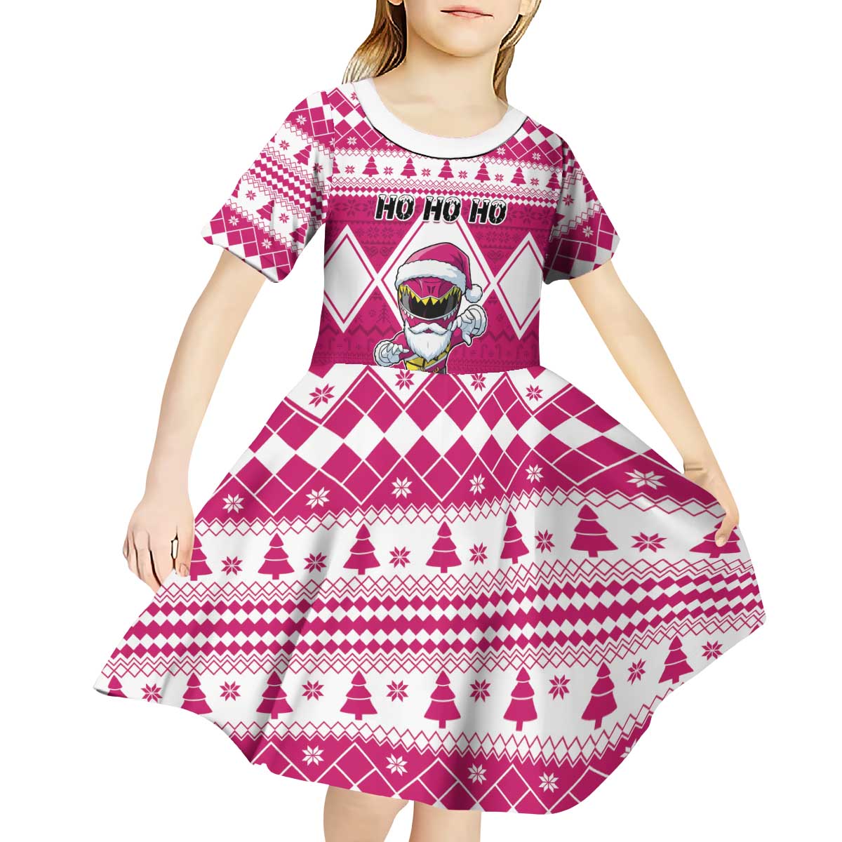 Personalized Power Pink Ranger Santa Claus Kid Short Sleeve Dress Funny Christmas - Wonder Print Shop