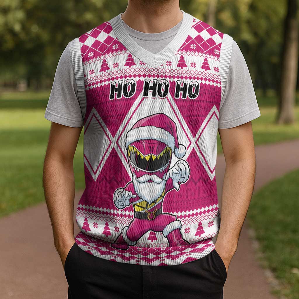 Power Pink Ranger Santa Claus Christmas Knitted V-Neck Vest Funny Christmas - Wonder Print Shop