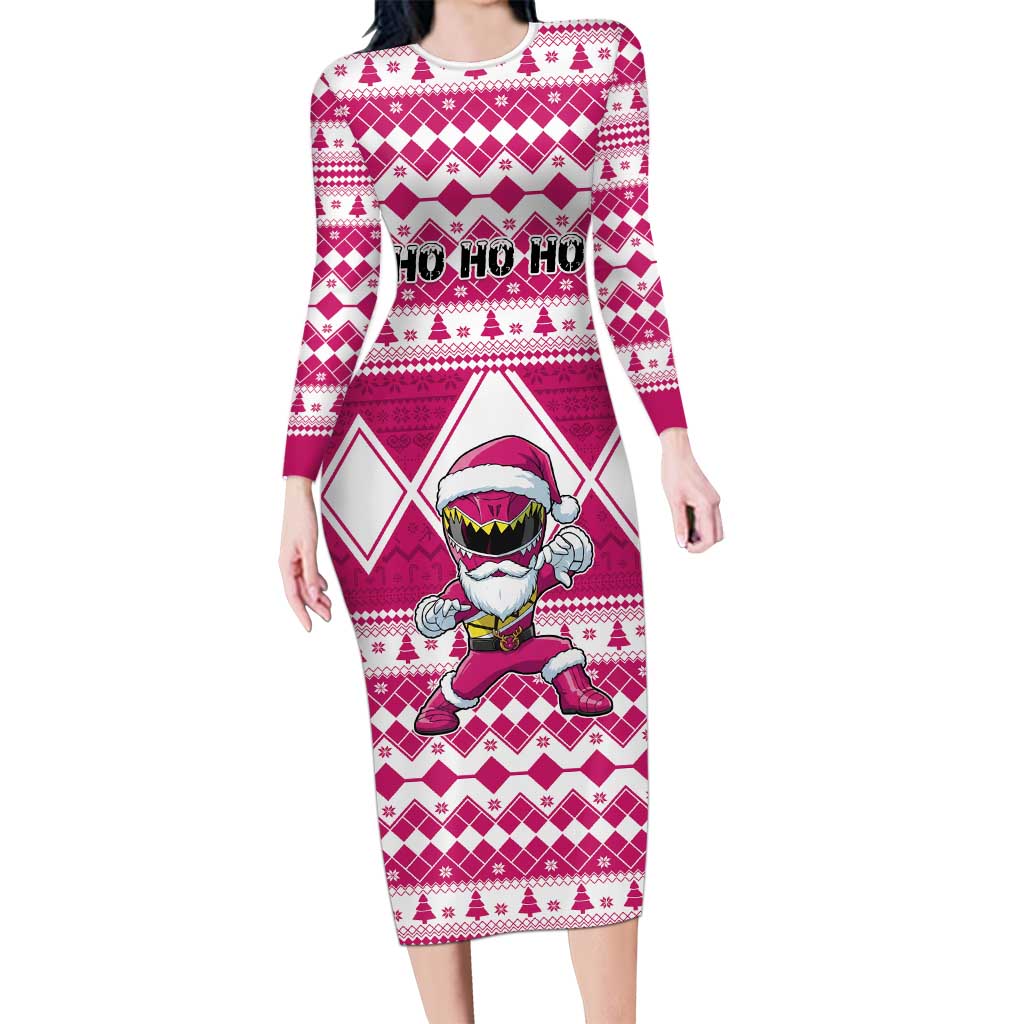 Personalized Power Pink Ranger Santa Claus Long Sleeve Bodycon Dress Funny Christmas - Wonder Print Shop