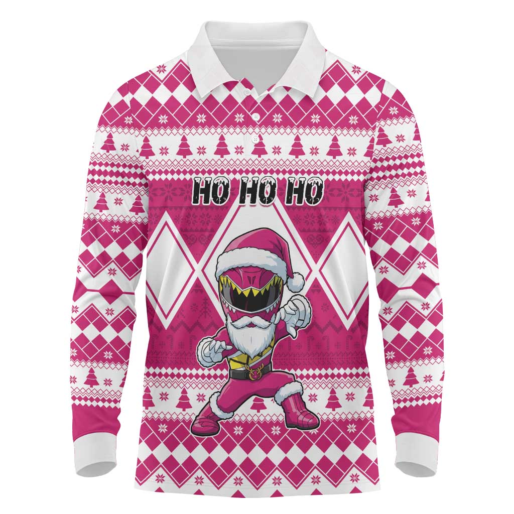 Personalized Power Pink Ranger Santa Claus Long Sleeve Polo Shirt Funny Christmas - Wonder Print Shop