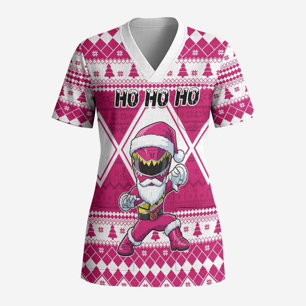 Personalized Power Pink Ranger Santa Claus Scrub Top Funny Christmas - Wonder Print Shop