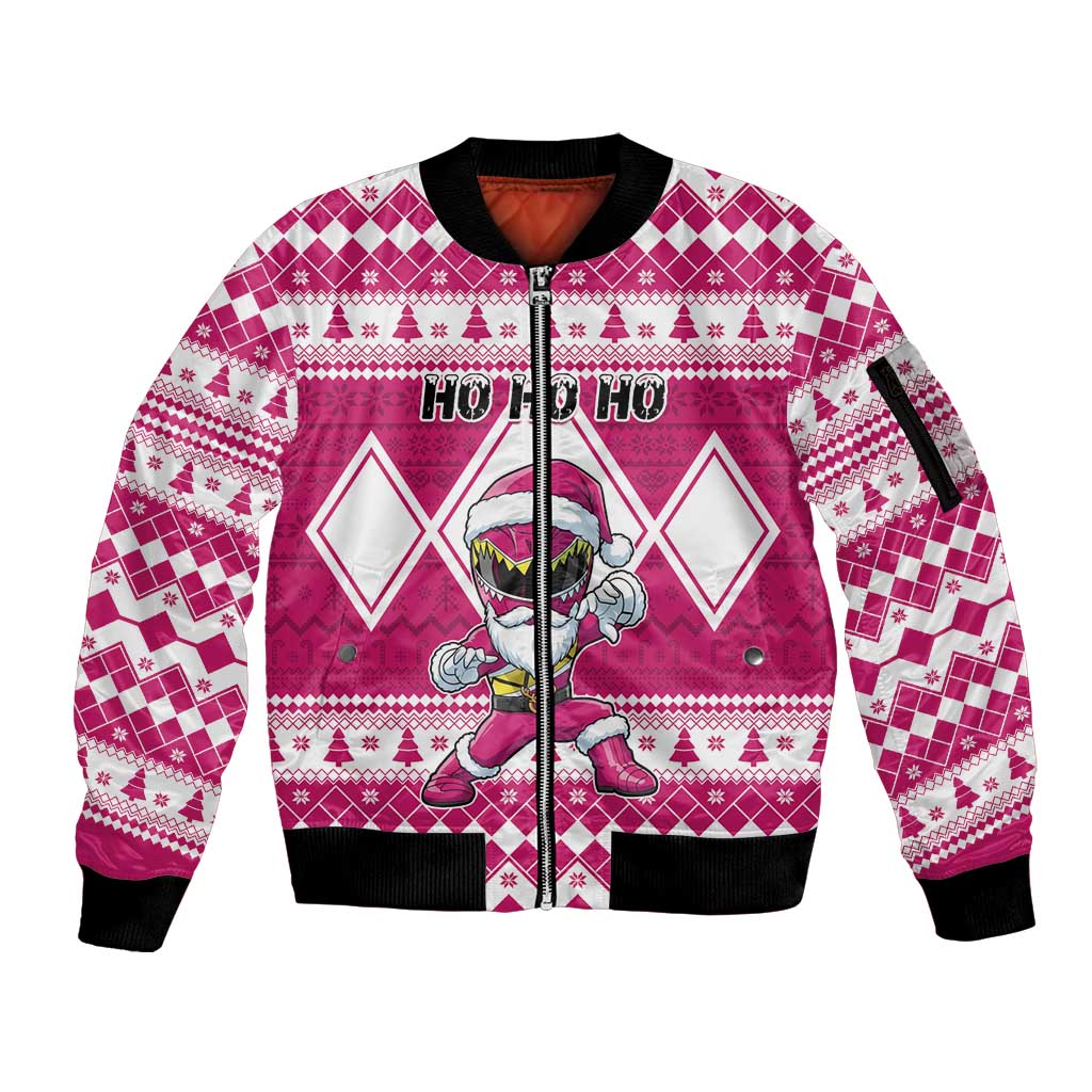 Personalized Power Pink Ranger Santa Claus Sleeve Zip Bomber Jacket Funny Christmas - Wonder Print Shop