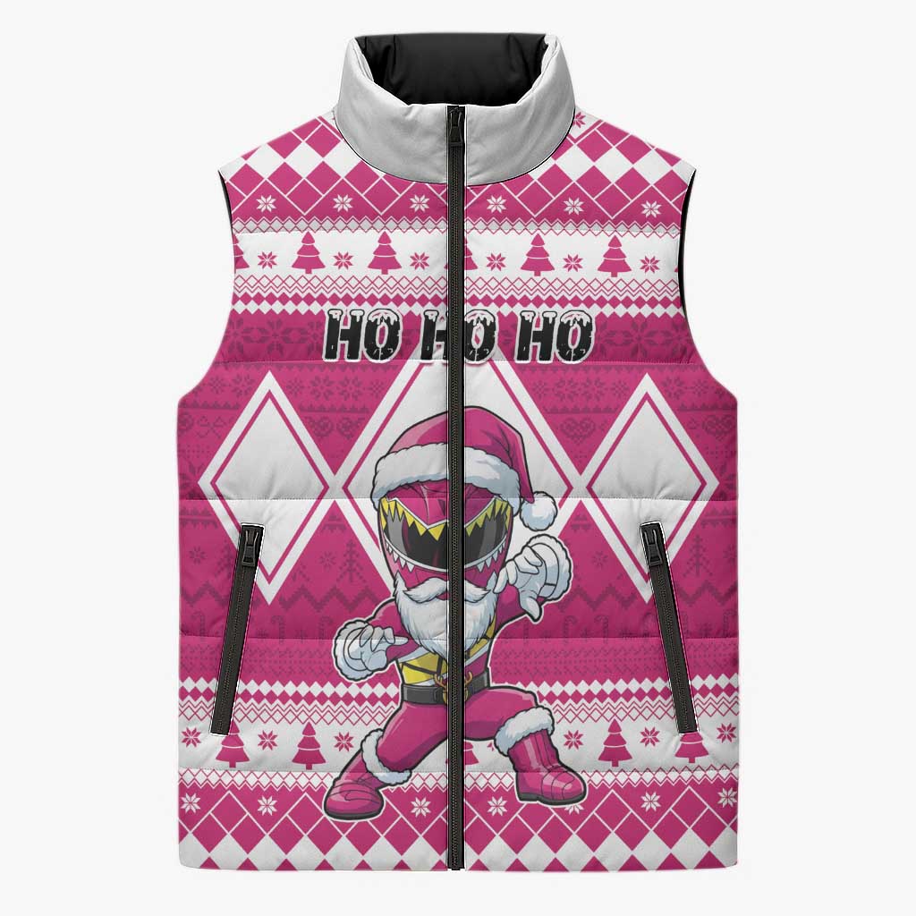 Personalized Power Pink Ranger Santa Claus Sleeveless Puffer Jacket Funny Christmas - Wonder Print Shop